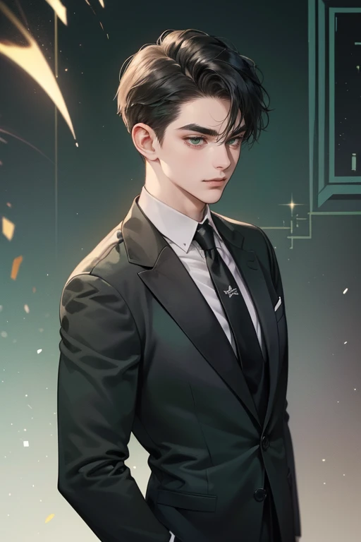 ((a young man in a black suit and tie)), taken in the early 2020s, gotham, alejandro, he looks very sophisticated, (((left side swept bang black short hair))), (dark green eyes and thick eyebrows), smirk. ((20 years old)), ((Black suite and black tie)), masterpiece, posture dynamic, one person
