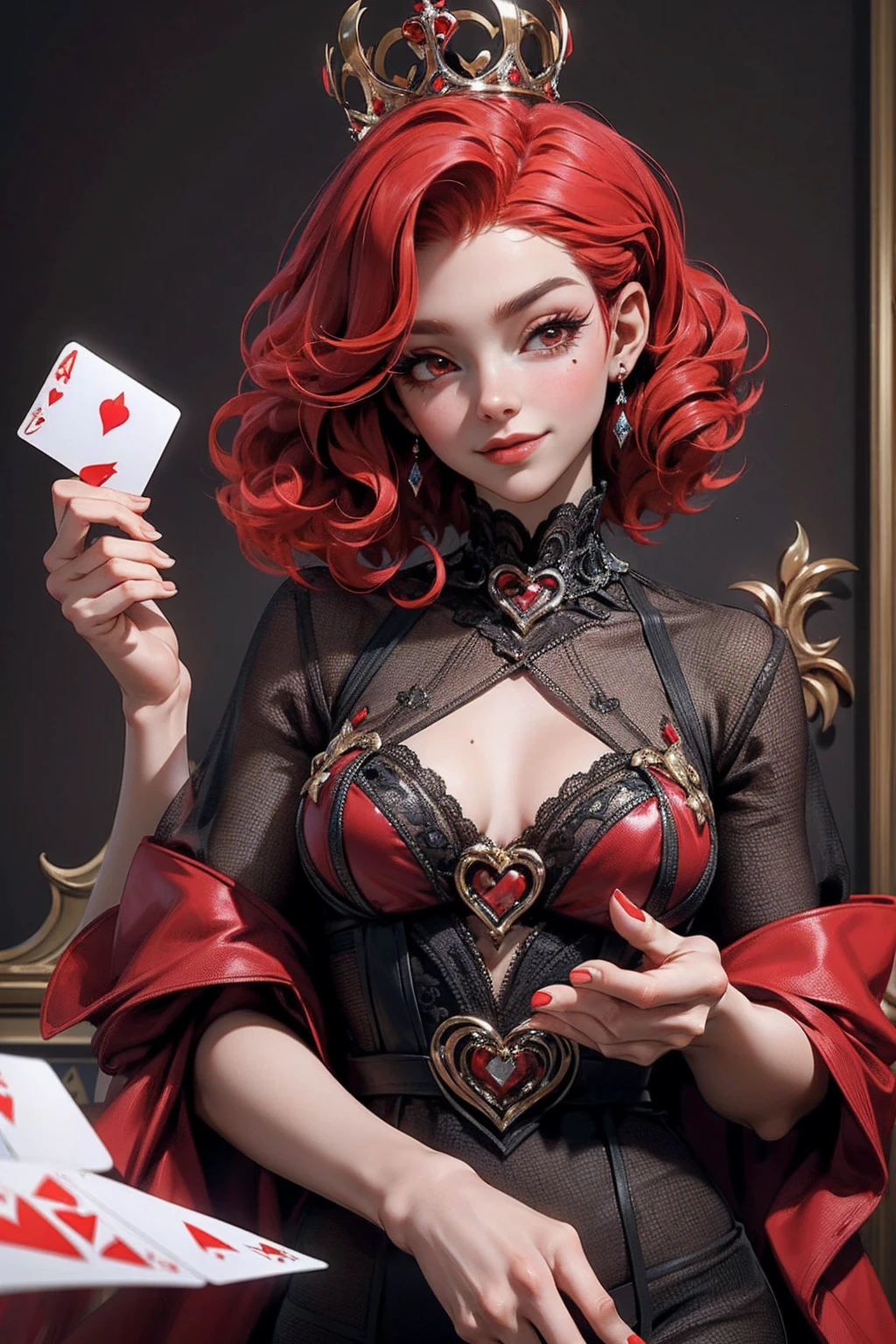 { - anatomy error}(Masterpiece - Ultra-detailed, very high resolution) Em um luxuoso cassino, A stunning woman wears an exquisite dress adorned with heart symbols, embodying the royal presence of the Queen of Hearts. Surrounded by a backdrop of poker cards and chips, She exudes confidence and seduction, convidando os jogadores a testar sua sorte e habilidades no jogo de azar. short curly hair, cabelos vermelhos (red hair ) (queen of hearts), sorrindo, sorriso largo, upper body