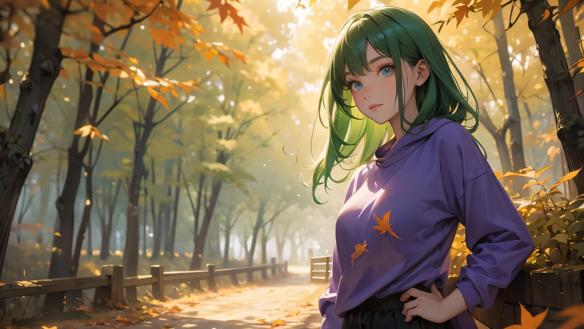 green-haired girl with a violet sweatshirt in an autumn forest, perfect eyes, cinematic lighting, expression of joy, work of art, ultra definition, falling autumn leaves, half-body focus, pose on a corner of the image