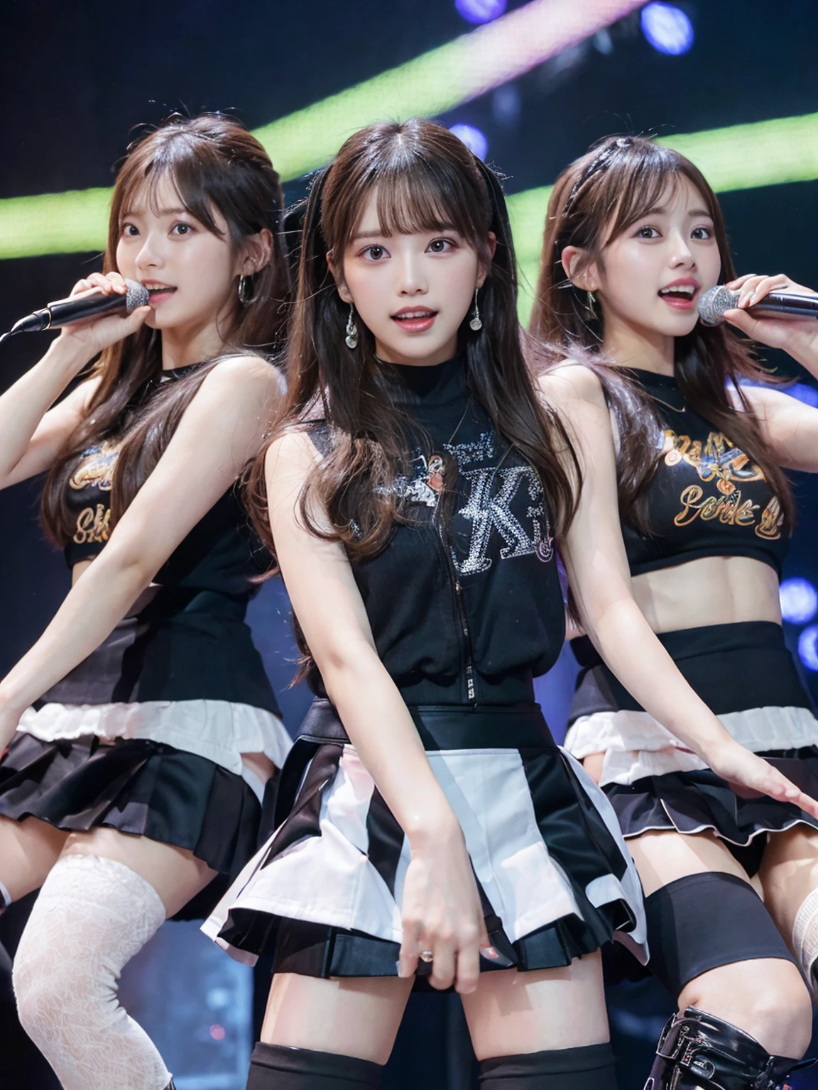 ((Highest quality、Tabletop、8k、Best image quality))、Beautiful Face、(Three Girls:1.5)、K-POP Singers、Singing on a concert stage、Cool jacket、(mini skirt:1.4)、(Spread your legs:1.7)、(Detailed face)、(Detailed eyes)、(Detailed lips)、compensate、(At S.F.W.:1.0)、smile