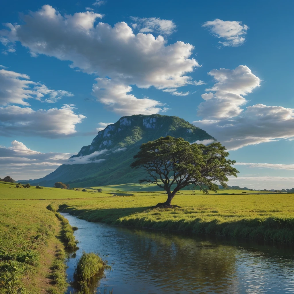 a painting of a tree in a field with a stream, natureza e nuvens em segundo plano, natureza deslumbrante ao fundo, a mais bela paisagem, Natureza realmente linda, a natureza em toda sua beleza, uma bela paisagem, em uma paisagem serena, Incredible landscape, beleza da paisagem natural, very very beautiful scenery, peaceful landscape, Peaceful clouds, majestic nature scenery, landscape scenery