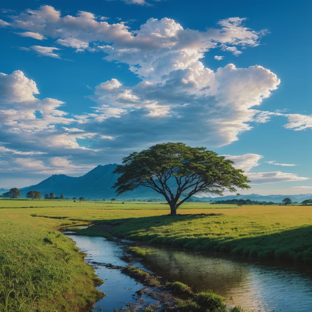 a painting of a tree in a field with a stream, natureza e nuvens em segundo plano, natureza deslumbrante ao fundo, a mais bela paisagem, Natureza realmente linda, a natureza em toda sua beleza, uma bela paisagem, em uma paisagem serena, Incredible landscape, beleza da paisagem natural, very very beautiful scenery, peaceful landscape, Peaceful clouds, majestic nature scenery, landscape scenery