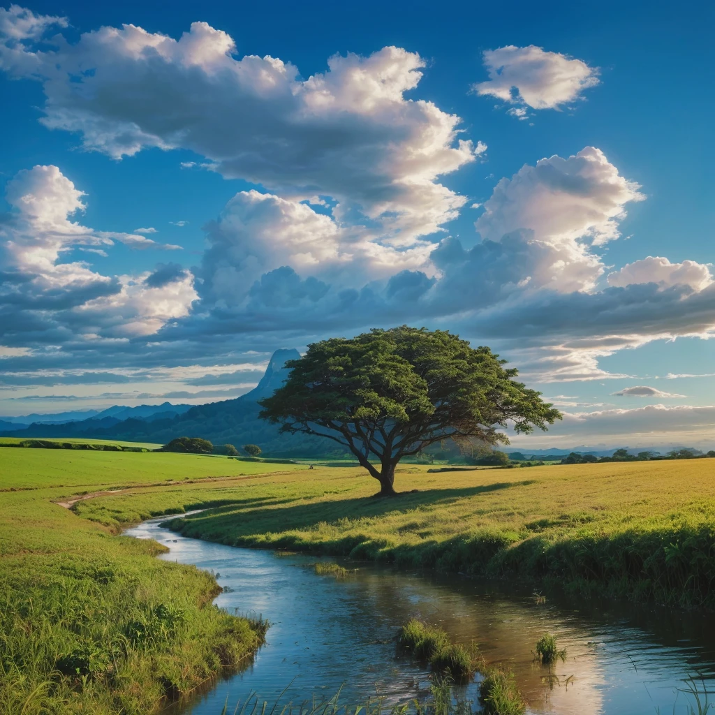 a painting of a tree in a field with a stream, natureza e nuvens em segundo plano, natureza deslumbrante ao fundo, a mais bela paisagem, Natureza realmente linda, a natureza em toda sua beleza, uma bela paisagem, em uma paisagem serena, Incredible landscape, beleza da paisagem natural, very very beautiful scenery, peaceful landscape, Peaceful clouds, majestic nature scenery, landscape scenery