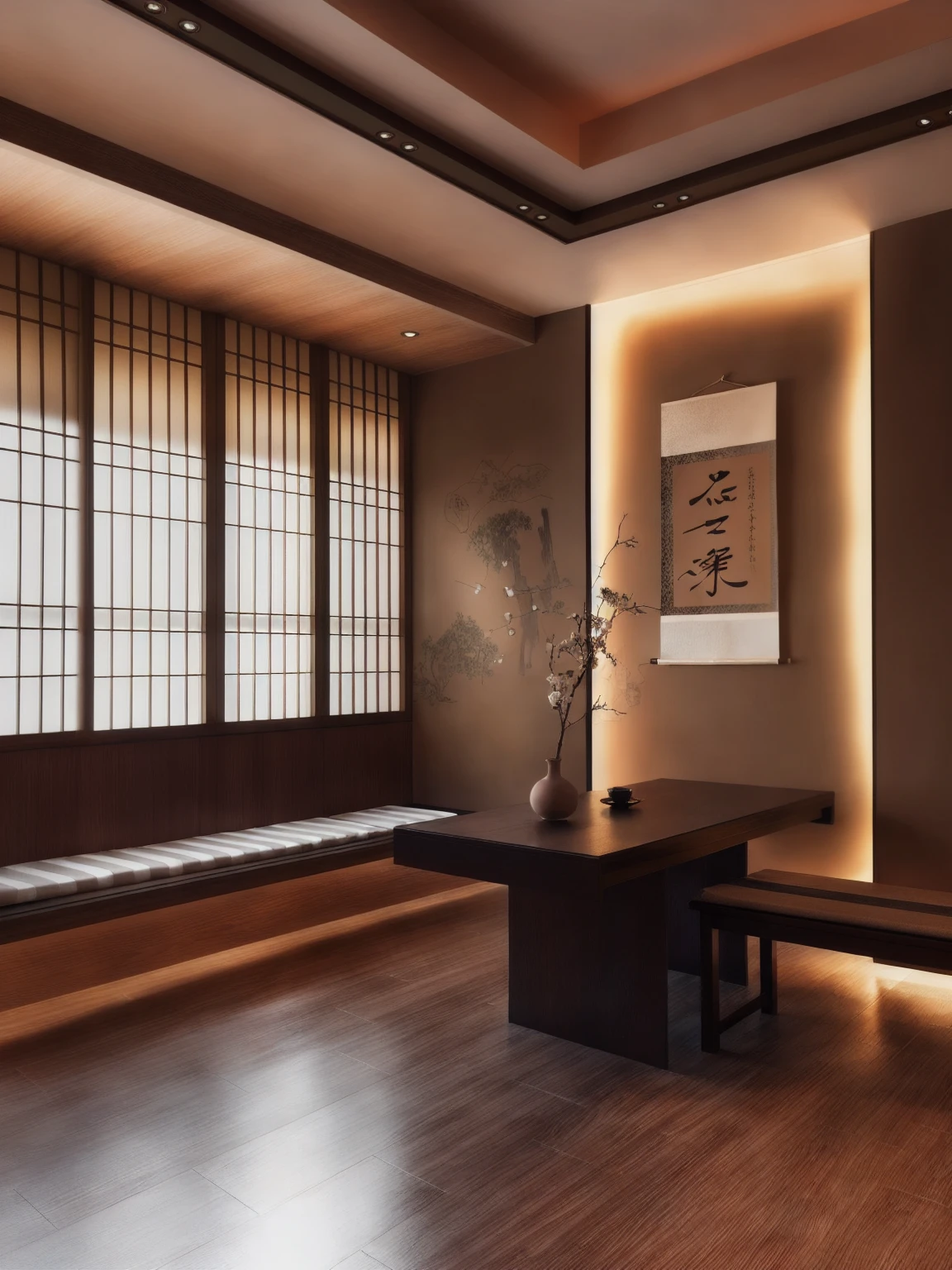 There is a room，There is a bench and a table inside, modern Japanese living room, in a Japanese apartment, Inspired by Ito Jakuchu, Wall hanging scroll, Inspired by Dongyang Sesshu, Japanese influences, with Japanese inspiration, Japanese style, Traditional Korean interior decoration, Japan. Volumetric Lighting, Japanese house, Japanese design