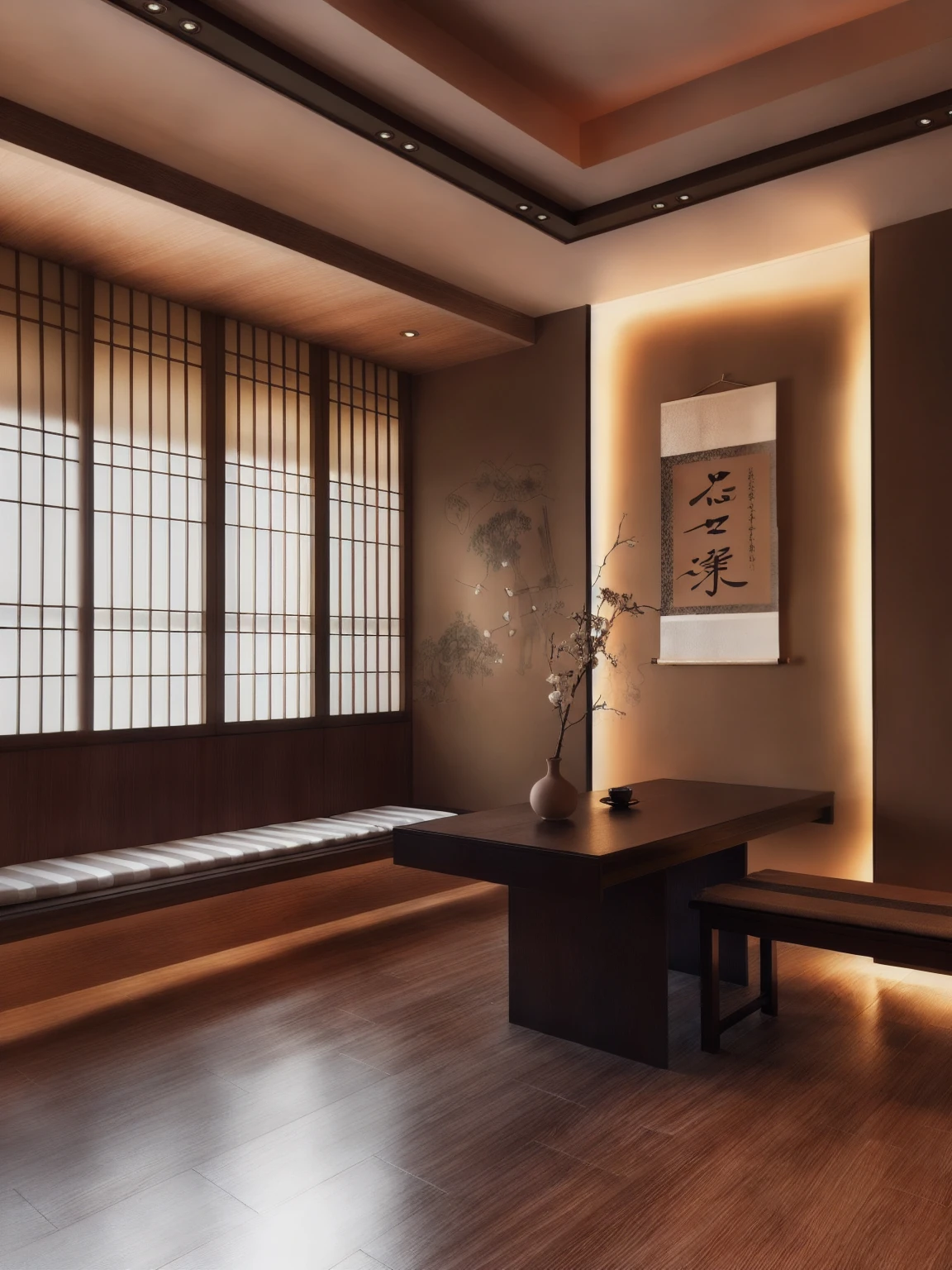 There is a room，There is a bench and a table inside, modern Japanese living room, in a Japanese apartment, Inspired by Ito Jakuchu, Wall hanging scroll, Inspired by Dongyang Sesshu, Japanese influences, with Japanese inspiration, Japanese style, Traditional Korean interior decoration, Japan. Volumetric Lighting, Japanese house, Japanese design