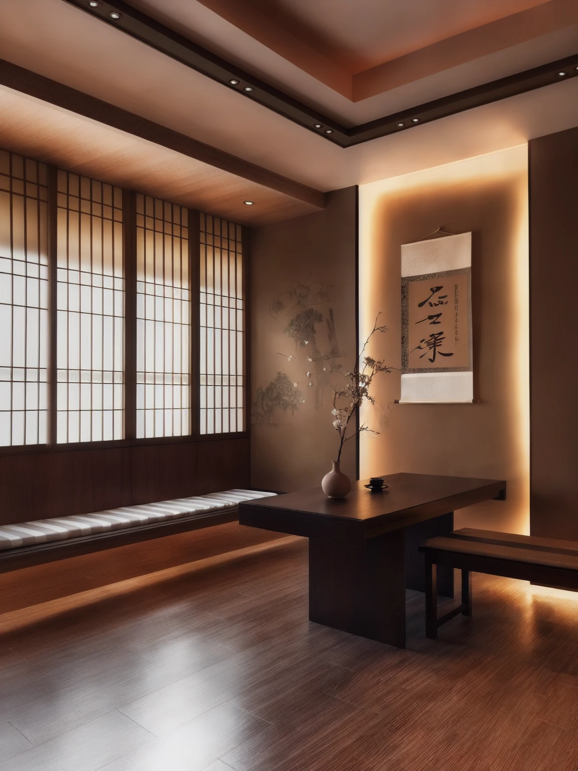 There is a room，There is a bench and a table inside, modern Japanese living room, in a Japanese apartment, Inspired by Ito Jakuchu, Wall hanging scroll, Inspired by Dongyang Sesshu, Japanese influences, with Japanese inspiration, Japanese style, Traditional Korean interior decoration, Japan. Volumetric Lighting, Japanese house, Japanese design