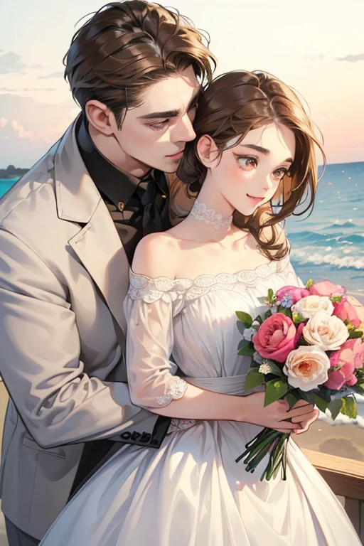 (table top, digital art, digital illustration, 4k, 8k, super detailed, beautiful images, clear image, realistic, RAW photo, perfect face, perfect lines, perfect eyes, soft lighting) 1 female, (light brown hair,chignon hair,innocent look,droopy eyebrows,droopy eyes,With a round face,round chin、innocence,cute,Big eyes,natural makeup,smile gently,E cup,23 years old:1.3),Two handsome men in suits, (human,man wearing a suit,muscular,solid shoulder width,adult male,boyish hairstyle,A man in his 30s with a cool expression,28 year old man with a bright smile:1.2),coastal、beach wedding,(embarrassing,shy smile,bouquet:1.2),Sea side、kiss、Couple kiss、romance porn、couple looking at each other、couple hugging each other