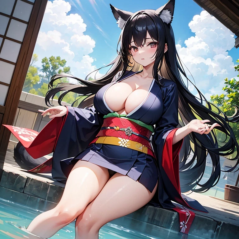 One Girl, Fox Girl, Nine-Tailed Fox,Fox Ears, Black colored hair, Fox Makeup,One Girl, Kimono with open chest, Body size is 100-70-90!, Nice body, Avatar, face, Open chest, lewd face, Dominant representation, naughty face, Big Breasts, Emphasize cleavage,Show bare skin, Skin is visible, With legs apart, Show off your thighs, M-shaped legs, A beautifully patterned kimono,Red and black flowing water pattern kimono, I can see her cleavage, I can see your underwear, Nipples, See-through, Plump body, Muscular, Uplifting, Abdominal muscles, Exposed skin, Long Hair, Skin Texture, Soft breasts, Large Breasts, Standing in a grassy field, outside, Blue sky,Composition facing directly ahead, Grab the breasts with both hands, Fingers digging into breasts, Developmental atmosphere, god秘的な絵, god々Cool atmosphere