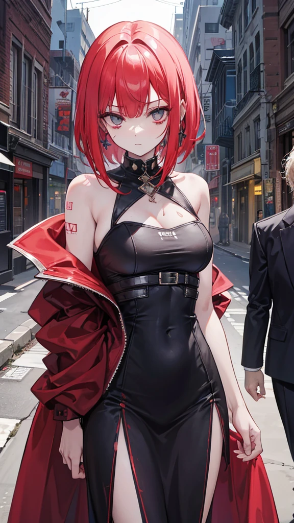 A imagem mostra uma jovem mulher com cabelo curto, vestida em roupas militares, incluindo uma capa vermelha e uma arma na cintura. She's on a street in a destroyed city, com escombros e caixas ao redor.
Ao redor dela, there are lots of zombies. To the left, a zombie is leaning, with pale skin and torn clothes. Behind her, on the right, two zombies are slowly approaching. One of them is a man with a large wound on his abdomen., and the other is a woman in a dirty and torn dress. No fundo, several zombies roam the street, alguns com partes do corpo faltando. They are spread out so as to partially surround the woman, creating a sense of imminent danger.