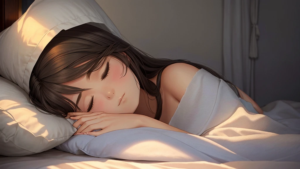 A young woman peacefully sleeps on a bed, her serene face illuminated by soft moonlight filtering through the window. Her delicate features are relaxed, and her gentle breathing creates a sense of calm. She is covered with a cozy, light blanket, her hair cascading over the pillow, blending seamlessly with the fabric. The room is tranquil, with subtle shadows adding depth to the scene, emphasizing the warmth and comfort of her restful slumber.