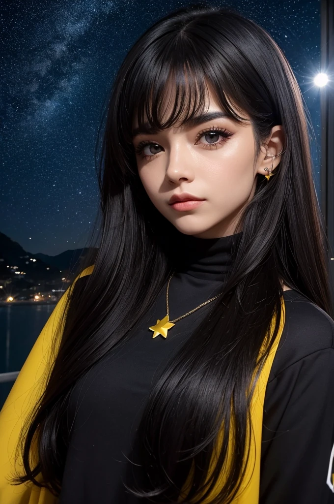 1 cara, terno, cabelo preto curto, um olho amarelo e o outro vermelho, noite, lua, estrelas
