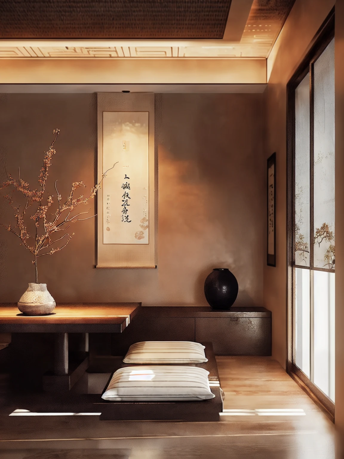 There was a vase on the table in the room，There are flowers inside, Asian Interior Decoration, Wall hanging scroll, modern japanese living room, japanese inspired, with japanese inspired, Japanese style painting, Japanese style, Quiet and peaceful atmosphere, Traditional Korean interior decoration, Japanese influence, Calm and peaceful atmosphere, Vray rendering, Rendering in VRay