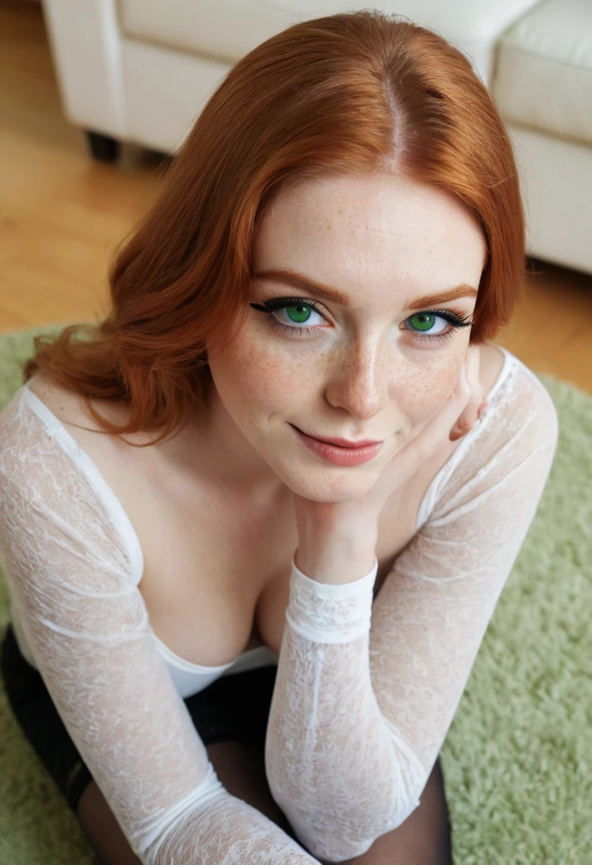 (Soft Lighting Photography by Mimoza Veliu and Mario Giacomelli:1.2), NSFW, portrait, upper body, close up, cute woman, beautiful, 20 years old, green eyes, (black bold eyeliner, makeup:1.3), freckles, soft smile, shoulder length ginger hair at side, ear, see through loose blouse, cleavage, kneeling, living room, knee high socks, body, beautiful legs, realistic soft skin, looking at viewer, from above, pov, nipples, blowjob, hyper detailed, analog photo, Cinematic,
