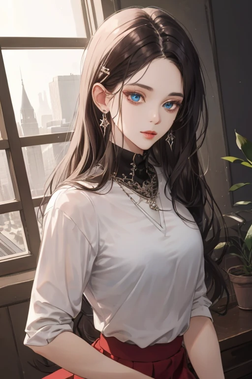 (extreamly delicate and beautiful:1.2), 8K,(masterpiece:1.0),(best_quality:1.0), 1 girl, and intricate detailing, Enlarged textures, and intricate detailing, finely eye and detailed face, and intricate detailing, shiraga, black curls long hair, (closed mouths), Perfect eyes, Equal eyes, carolina eyes (A famale god) with black polo shirt modern and red maroon short skirt span, carolina eyes perfect, perfect, earing, hairpin, perfect body, sexy body, carolina blue perfect eyes, lips nude, necklace maroon