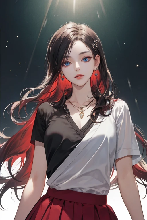 (extreamly delicate and beautiful:1.2), 8K,(masterpiece:1.0),(best_quality:1.0), 1 girl, and intricate detailing, Enlarged textures, and intricate detailing, finely eye and detailed face, and intricate detailing, shiraga, black curls long hair, (closed mouths), Perfect eyes, Equal eyes, carolina eyes (A famale god) with black polo shirt modern and red maroon short skirt span, carolina eyes perfect, perfect, earing, hairpin, perfect body, sexy body, carolina blue perfect eyes, lips nude, necklace maroon