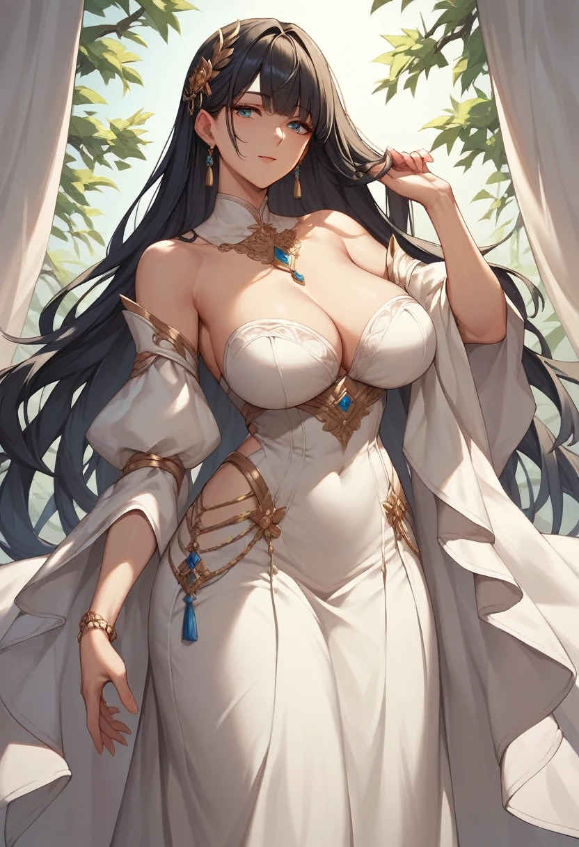 A mature woman,Long black hair,Bangs,White skirt,high quality,Beautifully,masterpiece
