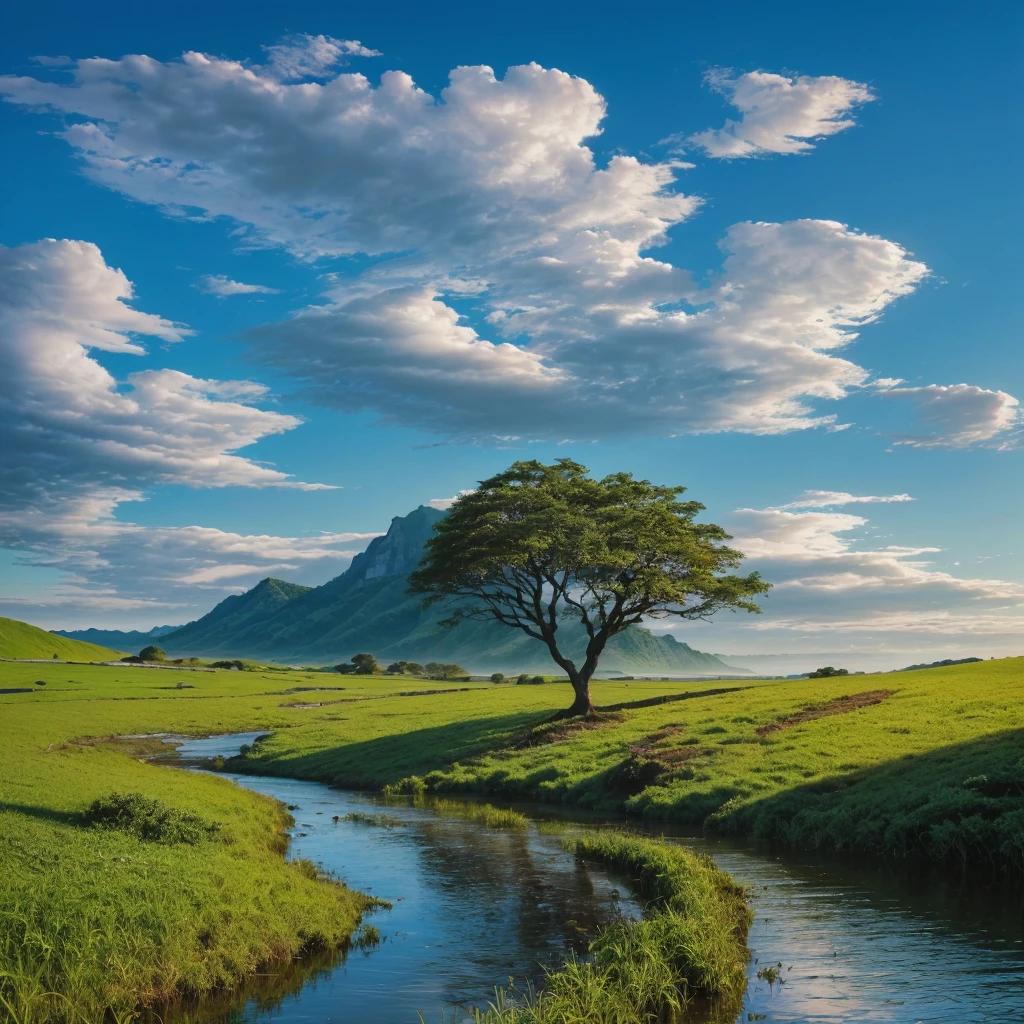 a painting of a tree in a field with a stream, natureza e nuvens em segundo plano, natureza deslumbrante ao fundo, a mais bela paisagem, Natureza realmente linda, a natureza em toda sua beleza, uma bela paisagem, em uma paisagem serena, Incredible landscape, beleza da paisagem natural, very very beautiful scenery, peaceful landscape, Peaceful clouds, majestic nature scenery, landscape scenery