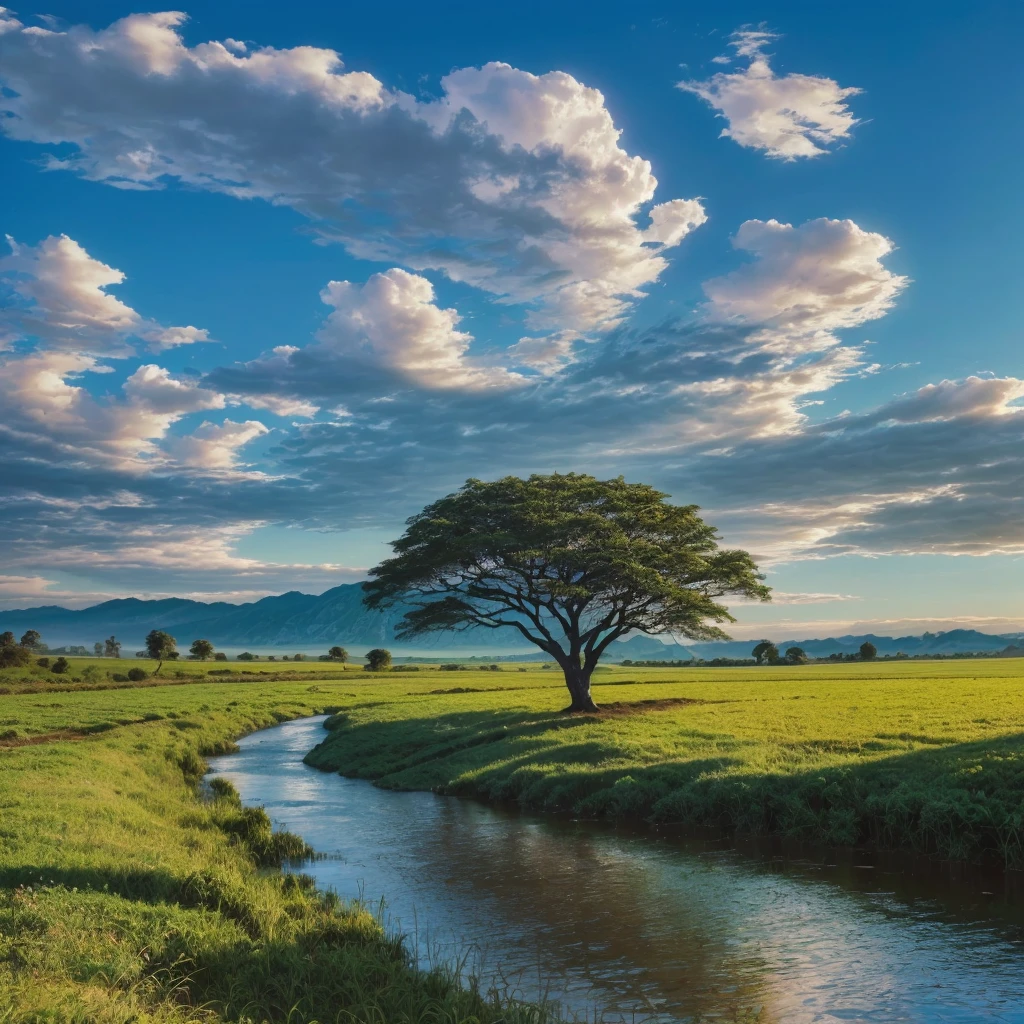 a painting of a tree in a field with a stream, natureza e nuvens em segundo plano, natureza deslumbrante ao fundo, a mais bela paisagem, Natureza realmente linda, a natureza em toda sua beleza, uma bela paisagem, em uma paisagem serena, Incredible landscape, beleza da paisagem natural, very very beautiful scenery, peaceful landscape, Peaceful clouds, majestic nature scenery, landscape scenery