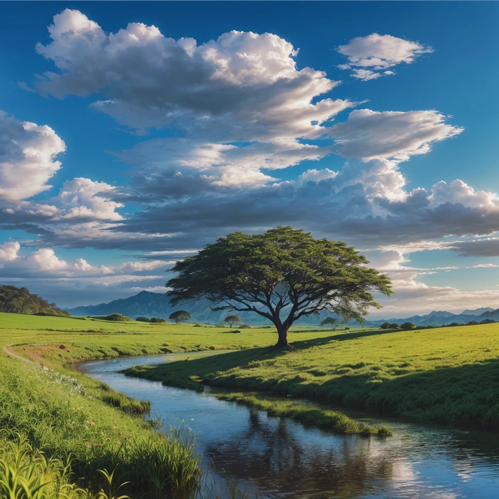 a painting of a tree in a field with a stream, natureza e nuvens em segundo plano, natureza deslumbrante ao fundo, a mais bela paisagem, Natureza realmente linda, a natureza em toda sua beleza, uma bela paisagem, em uma paisagem serena, Incredible landscape, beleza da paisagem natural, very very beautiful scenery, peaceful landscape, Peaceful clouds, majestic nature scenery, landscape scenery