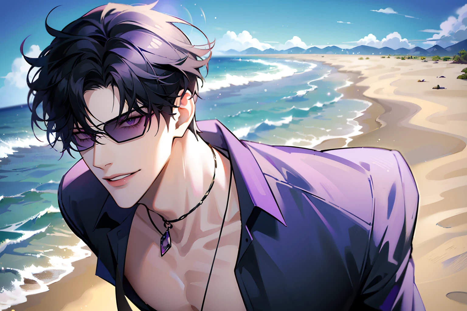(masterpiece, 4k, high quality:1.3), 1boy, solo, short hair, black hair, asymmetrical fringe, purple eyes, handsome, sharp eyes, (mature male, mature:1.2), male focus, fashionable, open purple shirt, necklace, smile, beach, sand, boats in the background, sunshine, ((sunglasses)), windy
