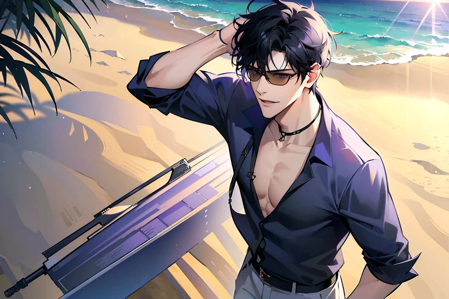 (masterpiece, 4k, high quality:1.3), 1boy, solo, short hair, black hair, asymmetrical fringe, purple eyes, handsome, sharp eyes, (mature male, mature:1.2), male focus, fashionable, open purple shirt, necklace, smile, beach, sand, boats in the background, sunshine, ((sunglasses)), windy