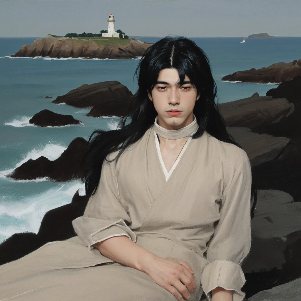 Create an image of a young anime boy with jet-black hair styled in a slightly tousled and layered manner, with a few loose strands falling over his forehead. He has expressive, large dark eyes with a hint of mystery and depth. His attire consists of a traditional, old-fashioned outfit with a high collar and intricate details reminiscent of classical European clothing.
The background should feature a scenic coastal landscape with a calm sea, a rocky shoreline, and an old lighthouse in the distance. The overall style should mimic an old painting, with a warm and muted color palette, visible brushstrokes, and a slightly textured canvas effect. The lighting should be soft, creating a serene and timeless atmosphere.
