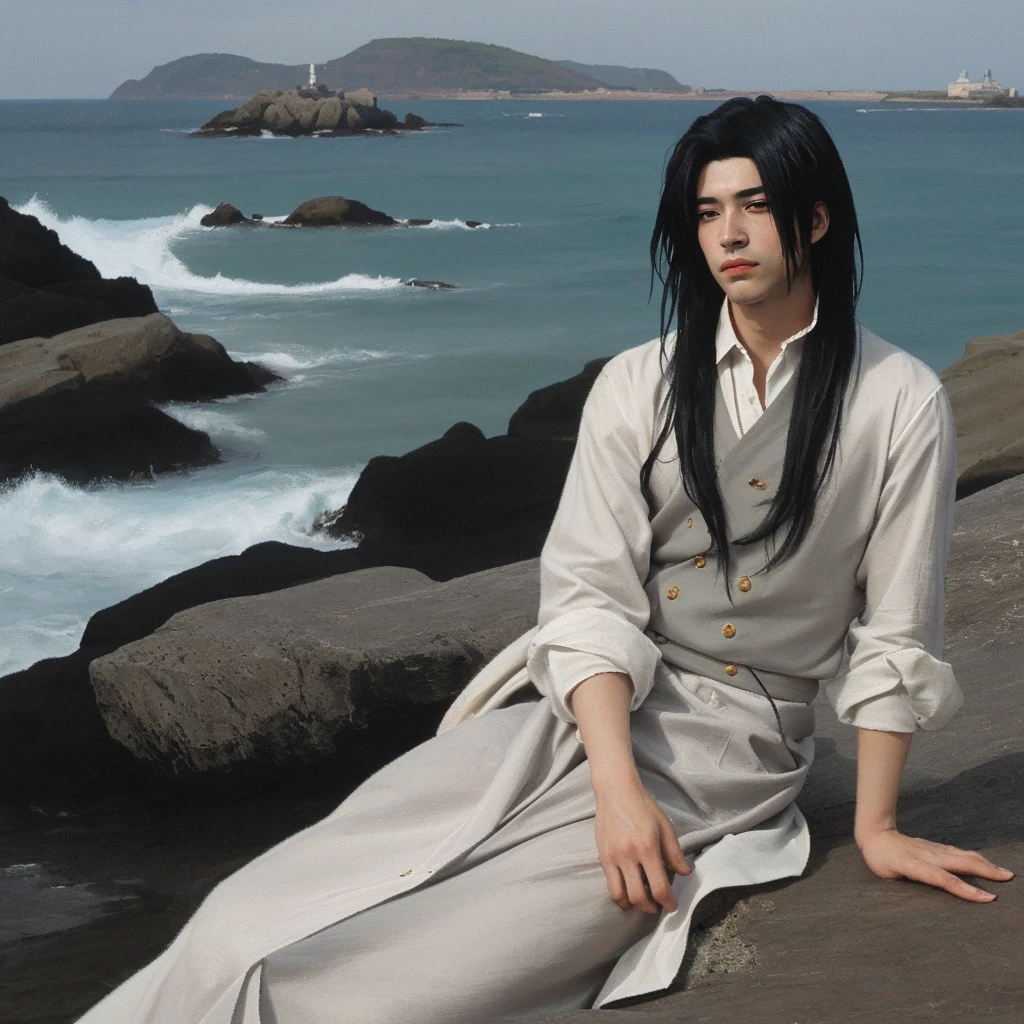 Create an image of a young anime boy with jet-black hair styled in a slightly tousled and layered manner, with a few loose strands falling over his forehead. He has expressive, large dark eyes with a hint of mystery and depth. His attire consists of a traditional, old-fashioned outfit with a high collar and intricate details reminiscent of classical European clothing.
The background should feature a scenic coastal landscape with a calm sea, a rocky shoreline, and an old lighthouse in the distance. The overall style should mimic an old painting, with a warm and muted color palette, visible brushstrokes, and a slightly textured canvas effect. The lighting should be soft, creating a serene and timeless atmosphere.
