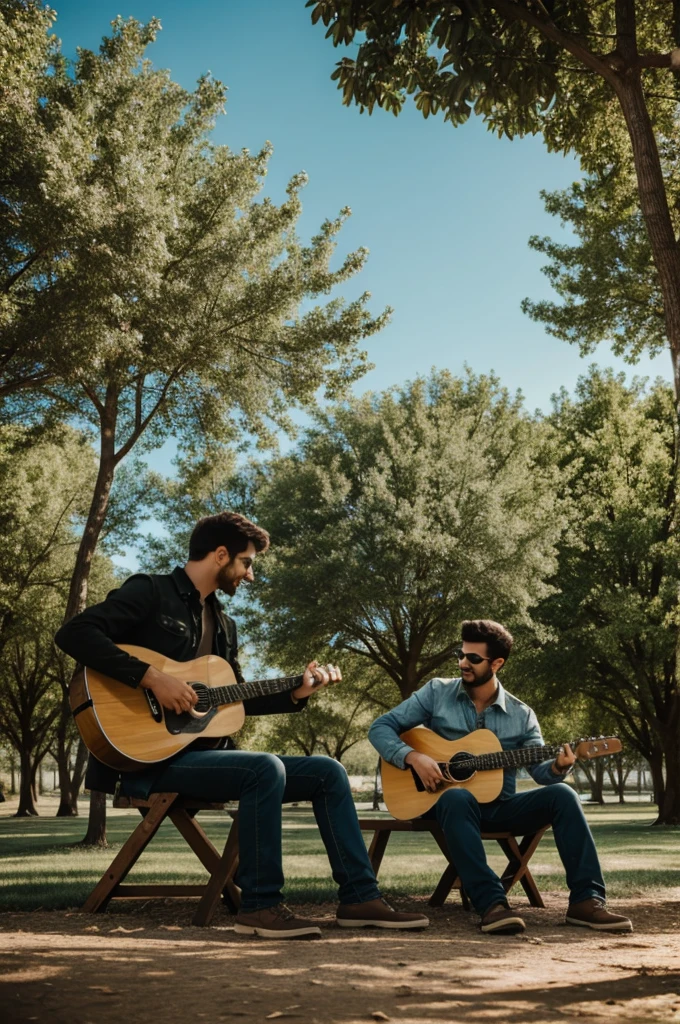 Two men playing guitar under two trees