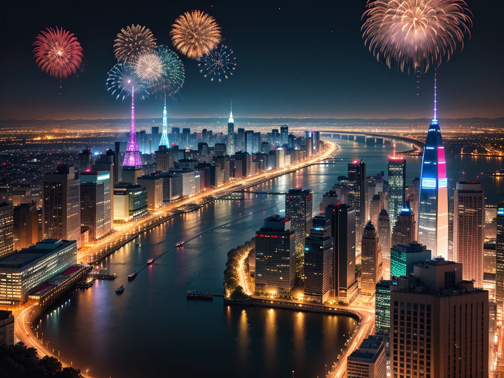 Overlooking the metropolitan night view light show,Bustling metropolis,skyscrapper,River,bru,fireworks display