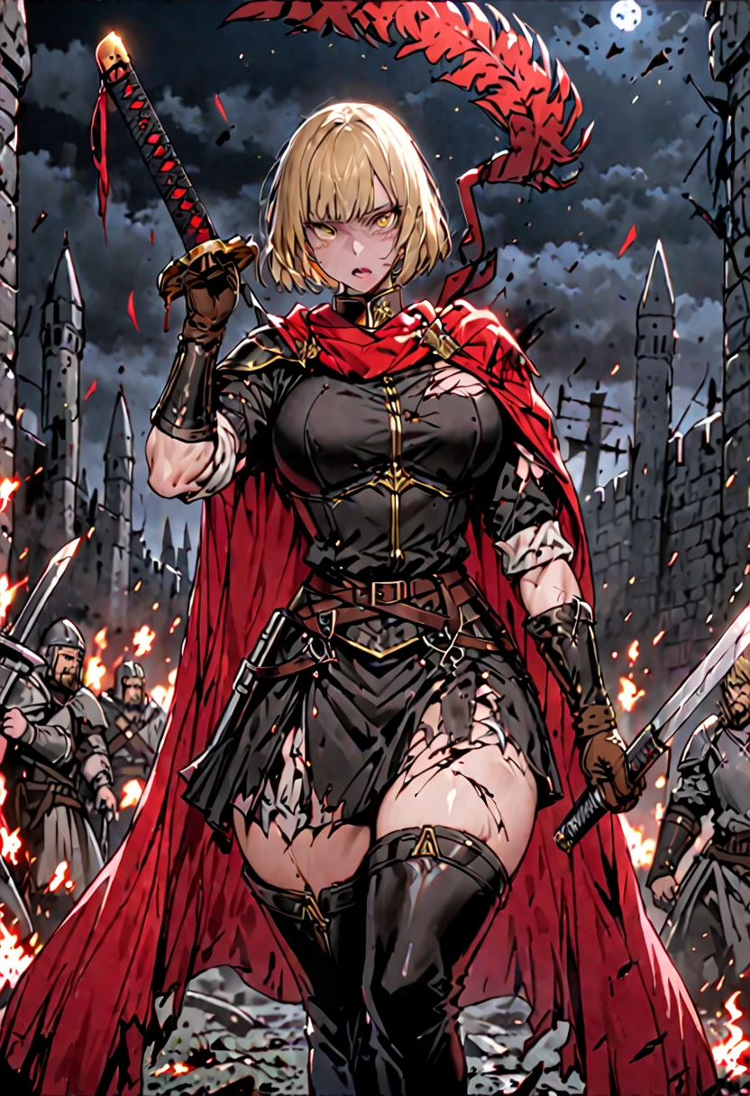 Solo, female, sfw, medium shot, short hair, blonde hair, extremely tall, large woman, golden eyes, black military uniform, red cape, thigh boots, blood, battlefield, military hat, plume, muscular, leather gloves, huge bastard sword, roman skirt, armor:0.9, night, medieval, strong thighs, broken sword, torn clothes, defeated, scared