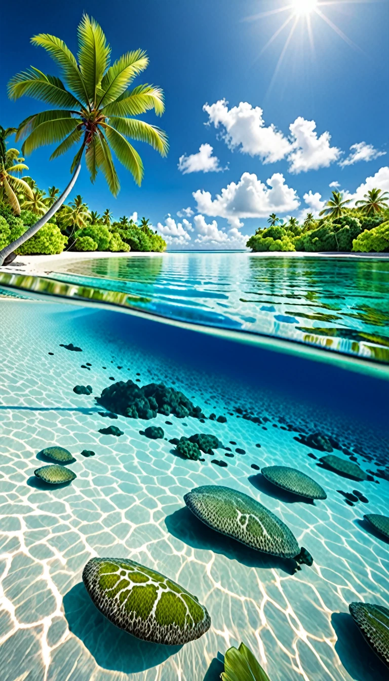 Tropical island with a sparkling lagoon, (Wide-angle view:1.2), Beautiful composition, Super sharp, crisp, Clear, lifelike, Raw, real, realistic, Extremely high-resolution details, realism pushed to extreme, Delicate texture, Lifelike, hyperrealistic detailed image, Infinite Focus, Clear and detailed throughout
