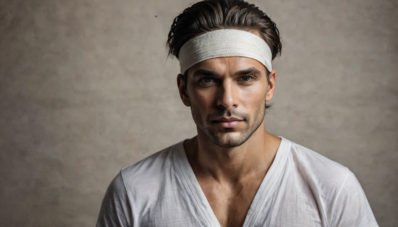 Portrait of a young, healthy and handsome man, without wrinkles and streaks on his face. The hair is beautifully styled. There is a bandage on his eyes, a tape, that is, we do not see his eyes. On the head there are no things and hats. All around in darkness. The man is a spiritual practitioner. He has a calm and inspiring expression on his face. --q 1 --v 5 --s 750