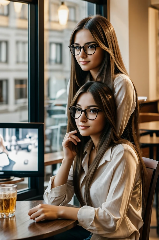 A beautiful girl with long hair and glasses, sitting elegantlyA beautiful woman with long hair in glasses sits in a café watching TV,