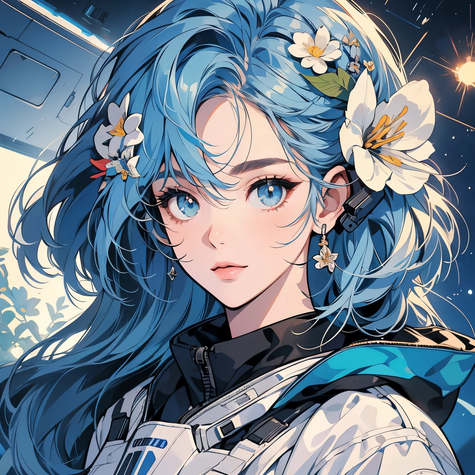 One beautiful woman, inside a spaceship, perfect machine, spacesuit, looking at camera, perfect face, zero gravity, outer space, lots of wires, switchboard, perfect and detailed machine, robot, detailed hair, (((Various angles))), cockpit, upper body shot, most beautiful woman alive, head shot , Super detailed background, top quality, Unique and beautiful eyes, Various unique hairstyles, Ghost in the Shell, Long shot, Panorama, (((Various eye color))), Various hair color, sparkling eyes,Outer space in the background, Unique and perfect face, earphone, (((Flower hair ornament))), shoot from above