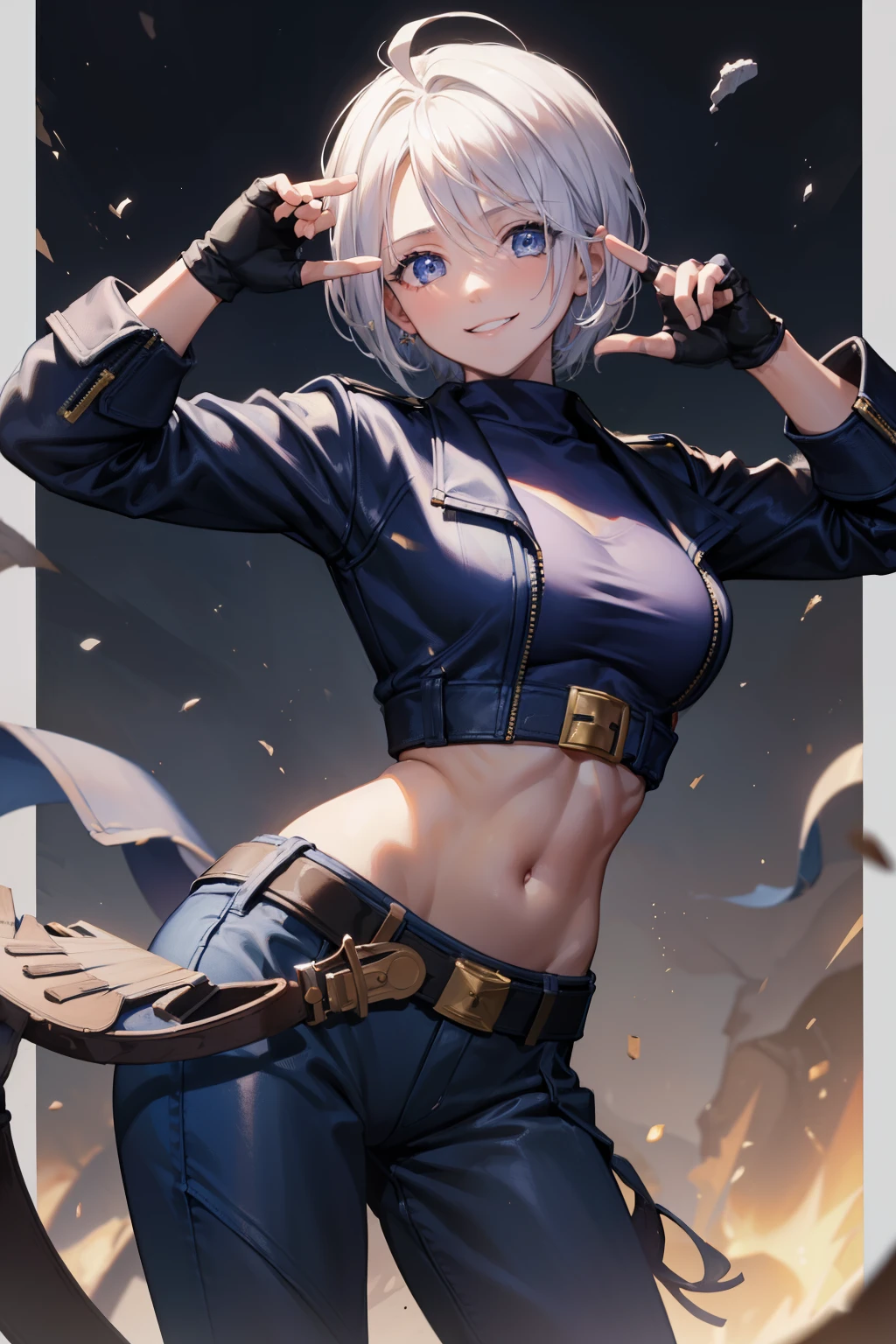 (masterpiece), best quality, expressive eyes, perfect face, highres, 1girl, solo, angelms, white hair, jacket, ahoge, fingerless gloves, midriff, hands to hips, leaning forward, smiling, fanstasy background, particles, magic, standing,cowboy shot, looking at the viewer, from front