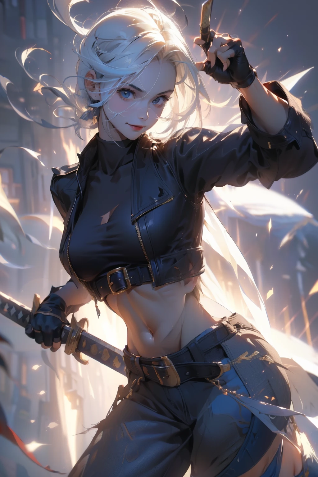 (masterpiece), best quality, expressive eyes, perfect face, highres, 1girl, solo, angelms, white hair, jacket, ahoge, fingerless gloves, midriff, hands to hips, leaning forward, smiling, fanstasy background, particles, magic, standing,cowboy shot, looking at the viewer, from front, golding a katana