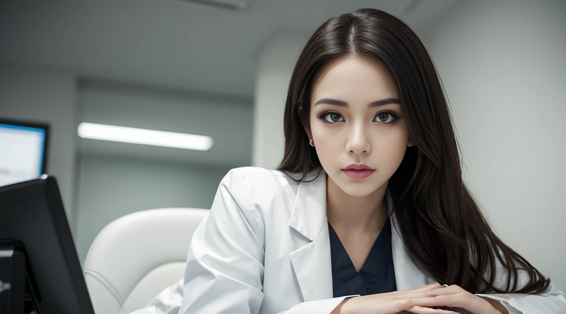 Beautiful female doctor in white coat, stethoscope around neck, full body, hospital examination white room, sitting cross-legged on office chair, thighs peeking out from white coat, black stockings, computer and keyboard on desk, (Excellent photograph, Best picture quality, High resolution: 1. 4), detail, extreme color, (Beautiful face) Ambient Soft Lighting, 4K, Bokeh, Background Blur, Depth of Field, Bokeh, Free Viewpoint, Photography, Attractive Young Woman, (Beautiful Face: 1.1), Narrow Eyes, Luscious Lips, (Smoky Eye Makeup: 0.85), (Moody Lighting: 1.2), Depth of Field, Bokeh, 4K, HDR.