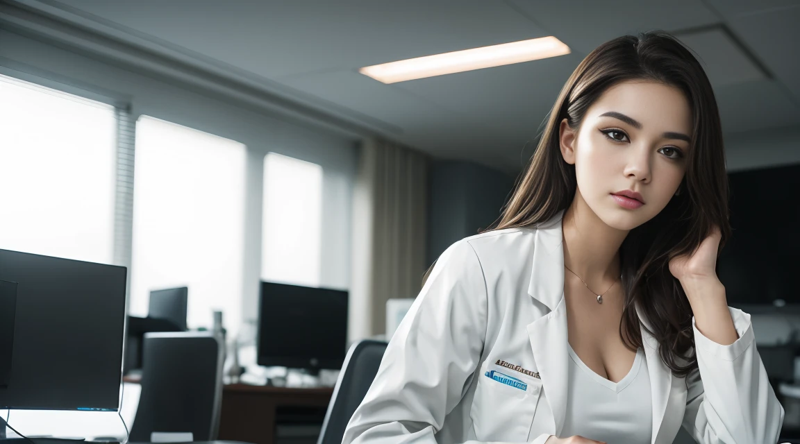 Beautiful female doctor in white coat, stethoscope around neck, full body, hospital examination white room, sitting cross-legged on office chair, thighs peeking out from white coat, black stockings, computer and keyboard on desk, (Excellent photograph, Best picture quality, High resolution: 1. 4), detail, extreme color, (Beautiful face) Ambient Soft Lighting, 4K, Bokeh, Background Blur, Depth of Field, Bokeh, Free Viewpoint, Photography, Attractive Young Woman, (Beautiful Face: 1.1), Narrow Eyes, Luscious Lips, (Smoky Eye Makeup: 0.85), (Moody Lighting: 1.2), Depth of Field, Bokeh, 4K, HDR.