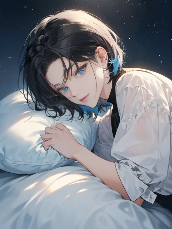 (extreamly delicate and beautiful:1.2), 8K, (tmasterpiece, best:1.0), One male (short black Quiff hair with Soft Fringe, bangs part on side 3:7 ratio) (blue eyes), One female (short black hair with fringe) (blue eyes), Upper body shot, 1 male 1 female