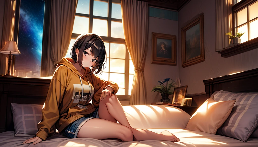 masterpiece, best quality, high quality, detailed, ultra detailed, hyper detailed, insanely detailed, exquisite, beautiful, FHD, Full-HD, 4K, 8K, 16K, highres, absurdres, background, a girl, intelligent, serious look, sitting, bob, short hair, black hair, black eyes, pale skin, , shorts, hoodie, with a window, beautiful, golden hour, in the room, with a bed, at night, with a starry sky, with a nebula, medium shot