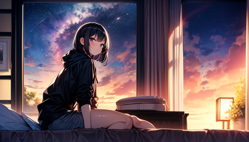 masterpiece, best quality, high quality, detailed, ultra detailed, hyper detailed, insanely detailed, exquisite, beautiful, FHD, Full-HD, 4K, 8K, 16K, highres, absurdres, background, a girl, intelligent, serious look, sitting, bob, short hair, black hair, black eyes, pale skin, , shorts, hoodie, with a window, beautiful, golden hour, in the room, with a bed, at night, with a starry sky, with a nebula, medium shot