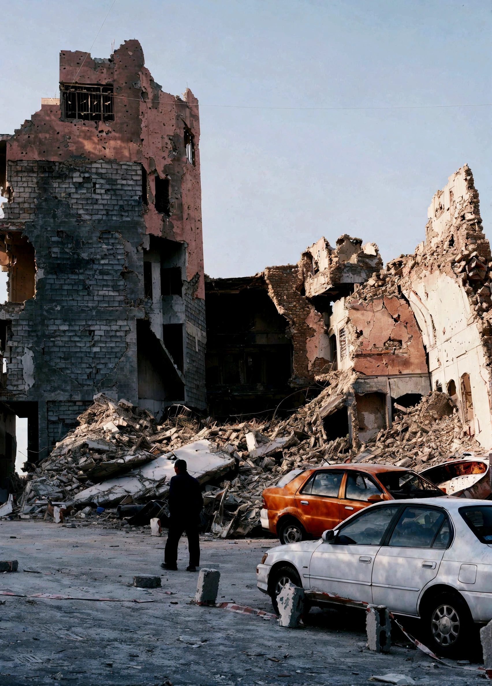 cars parked in front of a building that has been destroyed, destroyed modern buildings, in a ruined cityscape, destroyed buildings, outdoors ruined cityscape, damaged buildings, destroyed city in the background, crumbling buildings, ruined city in background, wrecked buildings, collapsed buildings, building crumbling, ruined buildings, building destroyed, destroyed city, ruined cityscape