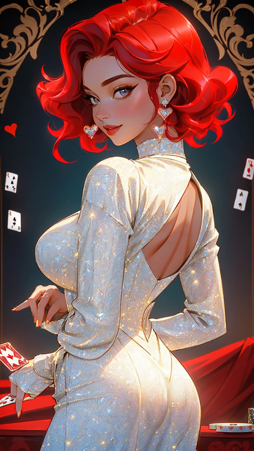 {-erro_de_anatomia:1.0} masterpiece, highest quality, (perfect face:1.1, (high detail)1.1, Em um luxuoso cassino, A stunning woman wears an exquisite dress adorned with heart symbols, embodying the royal presence of the Queen of Hearts. Surrounded by a backdrop of poker cards and chips, She exudes confidence and seduction, convidando os jogadores a testar sua sorte e habilidades no jogo de azar. short curly hair, cabelos vermelhos (red hair ) (queen of hearts), backwards, looking back, sorrindo, sorriso largo, upper body