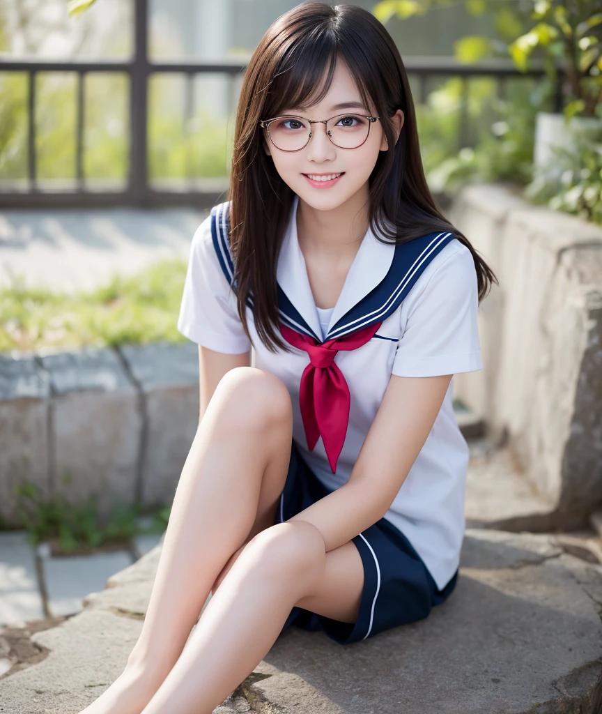 The girl is depicted in the center。She has long, straight black hair、He wears red-framed glasses、Gives an intelligent impression。Her blue eyes are bright and expressive。She is wearing a white and light blue sailor uniform.、Wearing a green neckerchief。The tops of the uniform are tight、emphasis on the chest。She is sitting with her right leg crossed over her left、She is in a relaxed, confident pose with her bare feet clearly visible。Her expression is、A gentle smile and a slightly challenging expression.。The background is solid white、She is the center of the image。The lighting is soft and uniform、It highlights her features without casting harsh shadows.。
