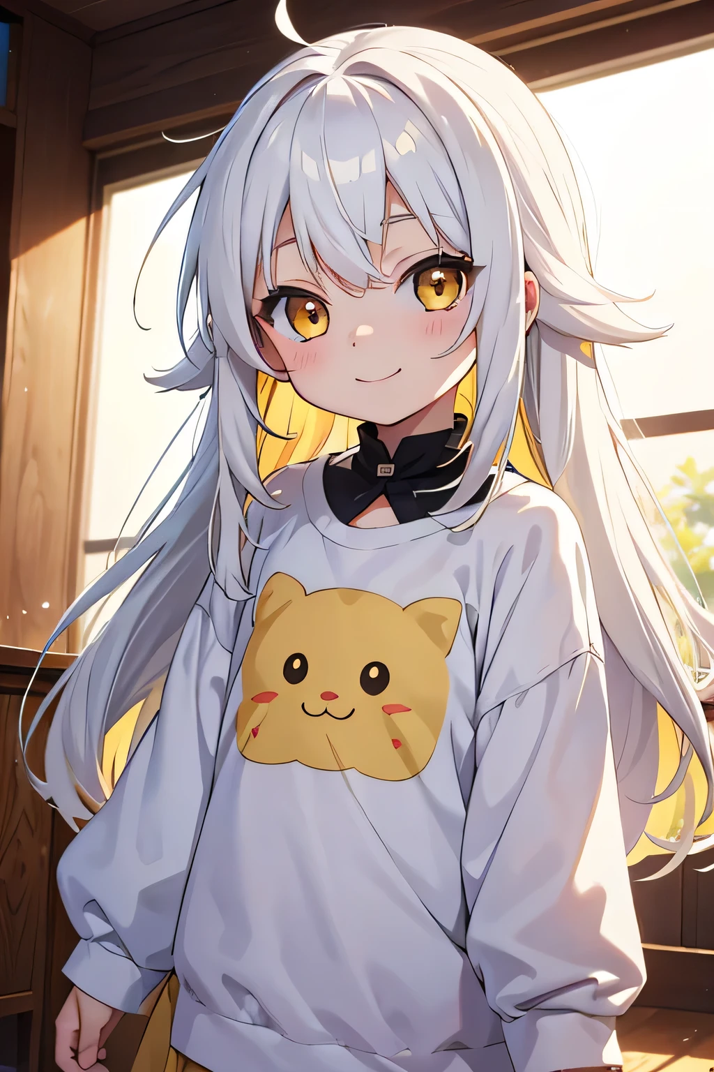 ddler, cute anime toler, smiling, white hair and yellow hair, long hair, messy hair, golden eyes
