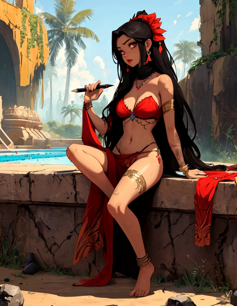 score_9, score_8_up, score_7_up,score_6_up, (BREAK), (fullbody shot, absurdres, ultra cartoon illustration:1.2), BREAK, most scratchy, very textured, pen&ink, saturated, flat, colored, artwork, BREAK, a sensually clad demigoddess reclines beside a pool, BREAK, frilly sarong, anklets, powdered eyes, lush lips, BREAK, concept art, artstation