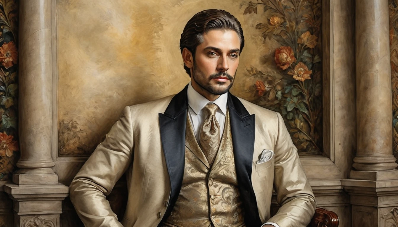 A Renaissance painting of a distinguished man in an elegant suit, portrayed in rich and intricate detail, with his posture exuding confidence and sophistication, executed in oil painting technique. The painting showcases the play of light and shadow on the subject's face, capturing the subtle nuances of his expression and conveying a sense of intrigue and allure. The background features subtle hints of opulent surroundings, such as ornate tapestries or architectural elements, adding to the overall composition. The oil painting is meticulously crafted, with layers of glazes and careful brushwork, capturing the luminosity and depth of colors. The attention to detail in the texture of the clothing and the man's features enhances the realism and evokes the spirit of Renaissance portraiture.