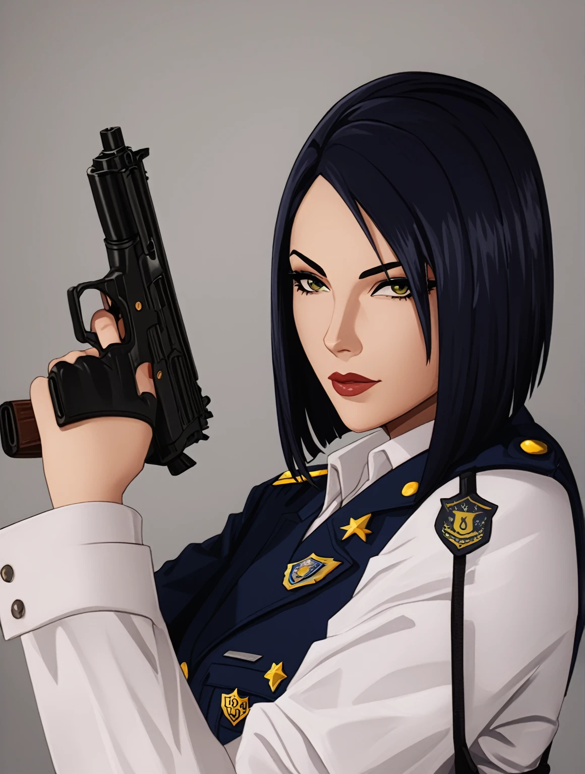 anime girl in uniform holding a gun and pointing it at the camera, officer, policewoman, Trigun Stampede style, short hair, straight hair, Viper | Valorant, Jane | Alchemy Stars, White Shirt, blue blazer, thicc, casual pose, 
a-1 pictures, high quality fanart, portrait n - 9, 