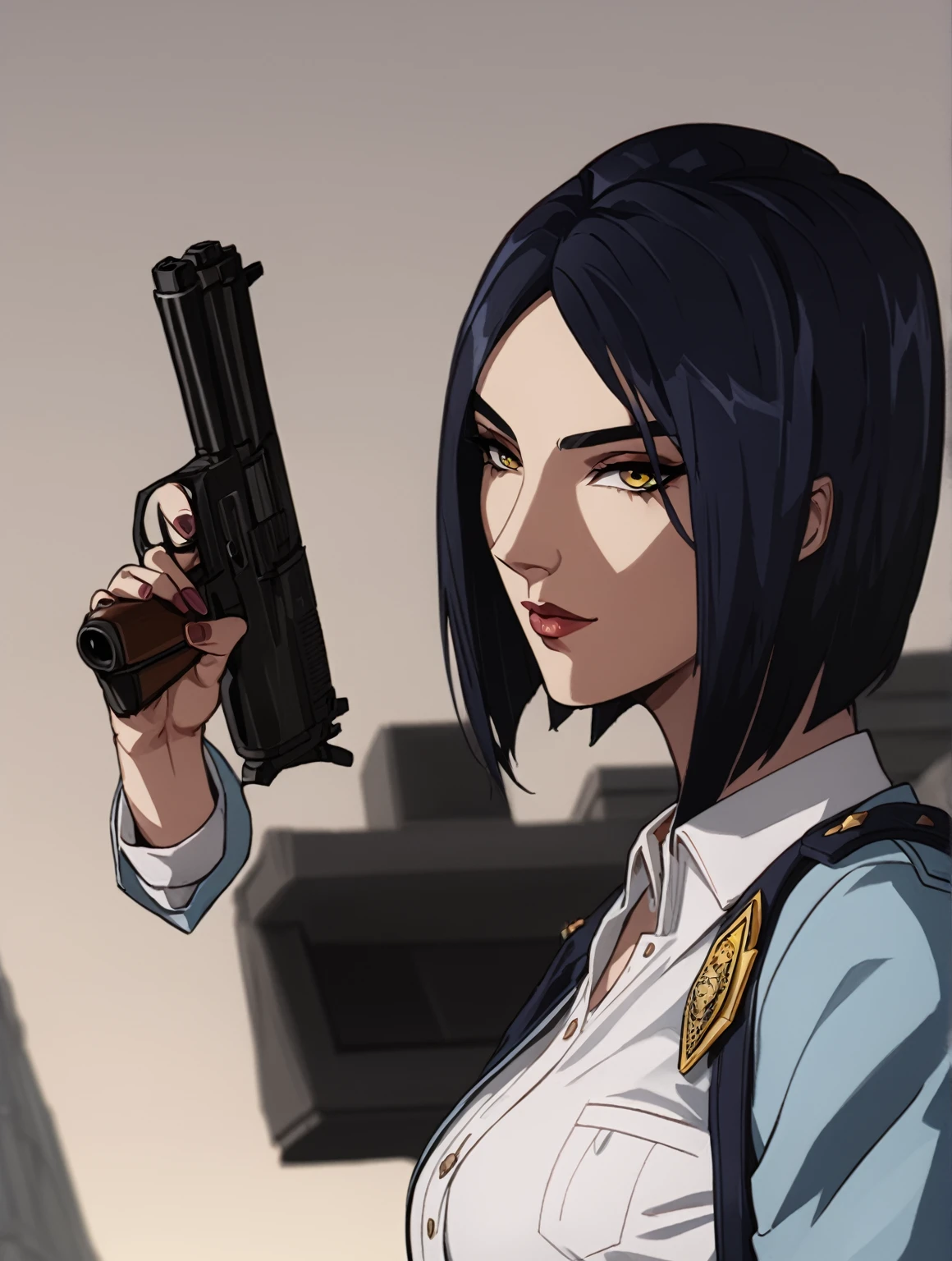 anime girl in uniform holding a gun and pointing it at the camera, officer, policewoman, Trigun Stampede style, short hair, straight hair, Viper | Valorant, Jane | Alchemy Stars, White Shirt, blue blazer, thicc, casual pose, 
a-1 pictures, high quality fanart, portrait n - 9, 