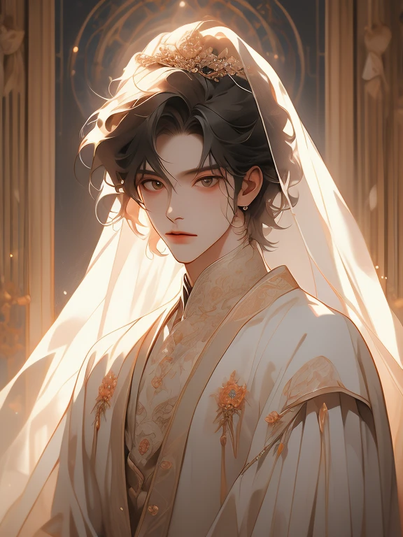 (extreamly delicate and beautiful:1.2), 8K, (masterpiece, best:1.0), Two Men, body complet, a blond, black-haired, seethru , knights, Man wearing a veil、Wedding between guys, sacred place, and intricate detailing, and intricate detailing, finely eye and detailed face, Perfect eyes, Equal eyes, (A male god), Fantastic lights and shadows、landscapes、florals, Uses backlight and rim light